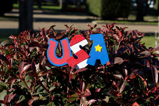 USA lettering inscription on natural background. Idea for USA Independence celebration.
