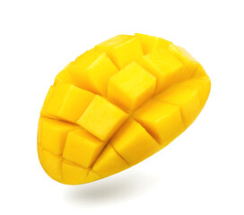 Mango isolated. Yellow mango cut into cubes on a white background.