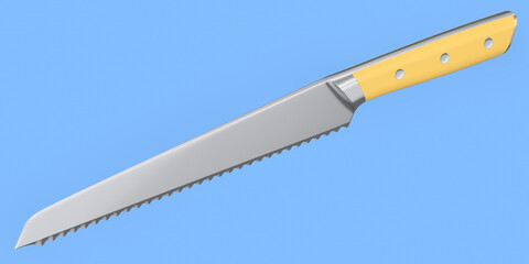Chef's kitchen knife with a wooden handle isolated on blue background.