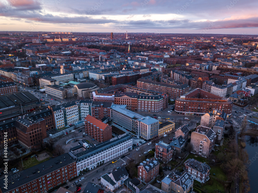 Sticker aerial view of the cityscape of copenhagen the capital city of denmark in the early morning