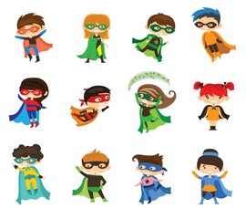 Vector illustrations of female and male kids superheroes in funny comics costume