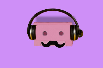 pink cassette with mustache and headphones, creative art music design, creative concept cassette...