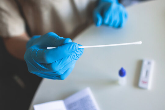 Process Of Express Fast Coronavirus Covid Antigen AG PCR Testing Examination At Home, COVID-19 Swab Collection Kit, Test Tube For Taking OP NP Patient Specimen Sample, Testing Carried Out