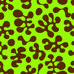 Lime green and brown organic, groovy blobs in repeatable seamless pattern, reminiscent of lava lamps.