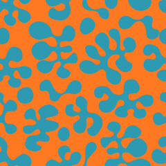 Orange and teal blue organic, groovy blobs in repeatable seamless pattern, reminiscent of lava lamps.
