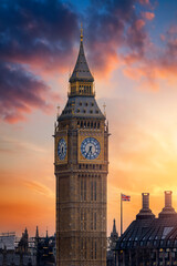The Elizabeth tower or so called Big Ben clocktower at Westminster palace during sunset time,...
