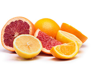 Fototapeta na wymiar Citrus party. Studio shot of a selection of citrus fruits against a white background.