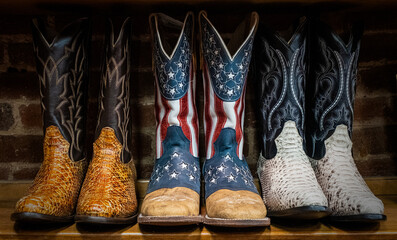 Closeup of Cowboy boots decorated with the American flag on sale in shops in downtown Nashville