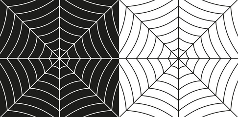 Spider web background. Cobweb isolated on white and black background. Spooky black and white spider icon. Cartoon pattern of net. Logo of web. Vector illustration