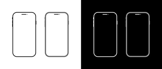 Phone outline. Black and white smartphone silhouette isolated on black and white background. Mockup of cellphone. Frame of mobile phone. Icon of device. Vector