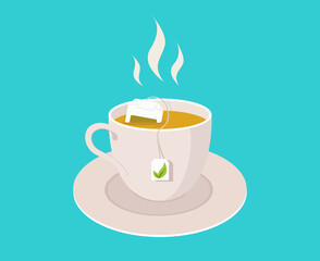 Tea cup with teabag. Fresh mug of tea with smoke. Icon of cup on plate with hot drink. Flat illustration isolated on blue background. Poster for breakfast in cafe or restaurant. Vector