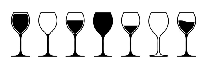 Wine glass. Wine glass icon isolated on white background. Wineglass silhouettes. Cup for alcohol drink, champagne, cocktail and liquor. Symbol of restaurant. Vector