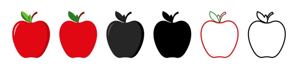 Apple icon. Apple with leaf. Red and black outline fruit icon. Healthy food. Silhouettes isolated on white background. Flat simple logos. Vector
