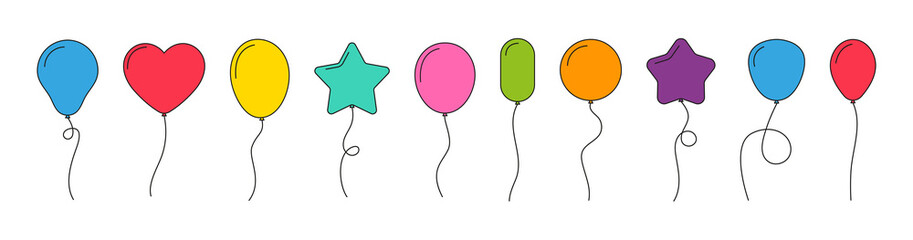 Balloon. Flat baloons with line. Ballons in cartoon style. Bunch of balloons for birthday and party. Flying ballon with rope. Blue, red, yellow and green ball isolated on white background. Vector © Wise ant