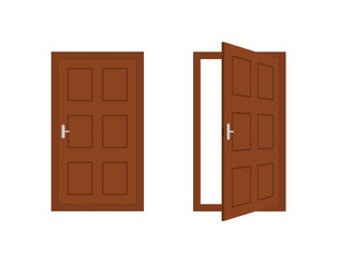 Doors. Open and close door. Doors of house isolated on white background. Doorway with doorframe for home. Design of room interior. 3d icon of entrance. Wooden door with handle in front. Vector