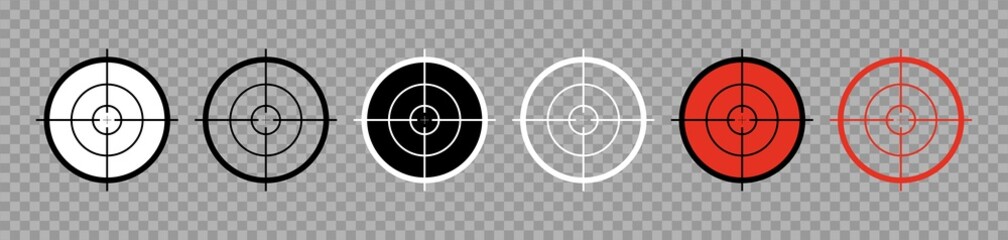 Sniper crosshair. Sight icons isolated on transparent background. Target of gun and rifle. Outline icon of military aim. Logo for army and hunting weapon. Shot in cross and point. Vector