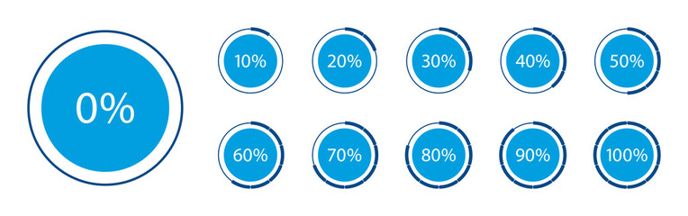 Circle with percentage. Infographic for progress of load. Round graph of download. Bar with percentage from 10 to 100. Set for statistic, data, process loading, transfer and battery. Vector