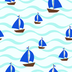 Fabric textile print template. vector illustration. texture backgraound. a ship on the waves.  a high-quality image.  seamless illustration