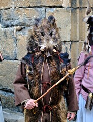 Enciso, Spain &ndash; March 5, 2022: Man disguised with skins and boar's head. Wooden stick with a boar's tail at the end. Traditional carnival of Enciso.