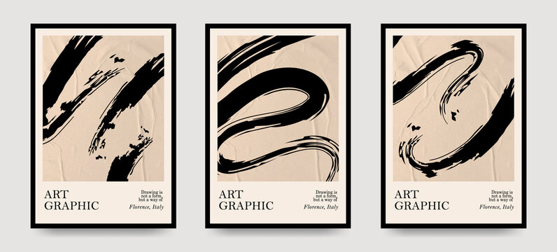 collection of aesthetic modern posters with strokes on textured vector paper background. For printing, wall decor, prints.