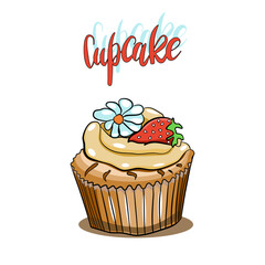 Vector illustration with a cupcake with flower and strawberry on the top isolated on white background in flat technique 