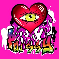 Illustration vector heart with eye and splatter graffiti design Text urban fashion design