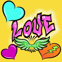 Illustration vector Love, Hearts and Wings graffiti design Cool design