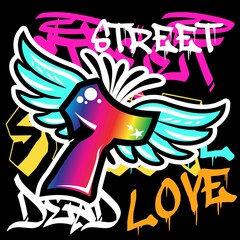 Illustration vector Letter T with wings and text in background Graffiti design fashion spring summer