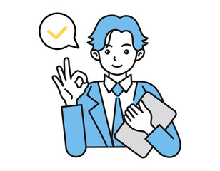 OKサインのポーズをする男性　白背景にベクターの人物イラスト　ビジネスパーソン　確認・審査・点検