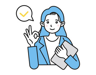 OKサインのポーズをする女性　白背景にベクターの人物イラスト　ビジネスパーソン　確認・審査・点検