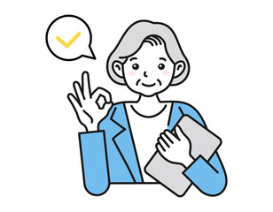 OKサインのポーズをする年配の女性　白背景にベクターの人物イラスト　ビジネスパーソン　確認・審査・点検