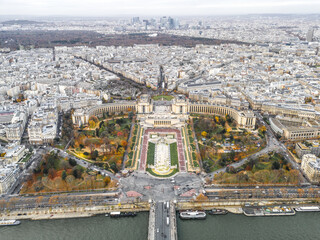Aerial shot of the river Seine and a bridge with traffic in Paris, France
