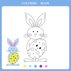Simple educational game for kids. Vector illustration of cute Easter bunny with egg for coloring book
