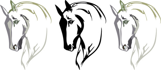 Horse head sketch on a white background - three options. Linear wave-shaped horse heads for emblems, logos, interior solutions, business ideas, textiles, tattoos, prints, fashion, fabric, wallpaper