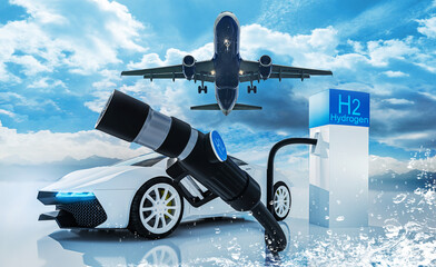 Auto - Flugzeug -  Wasserstofftankstelle -  Betankung von Elektrofahrzeugen  - obrazy, fototapety, plakaty