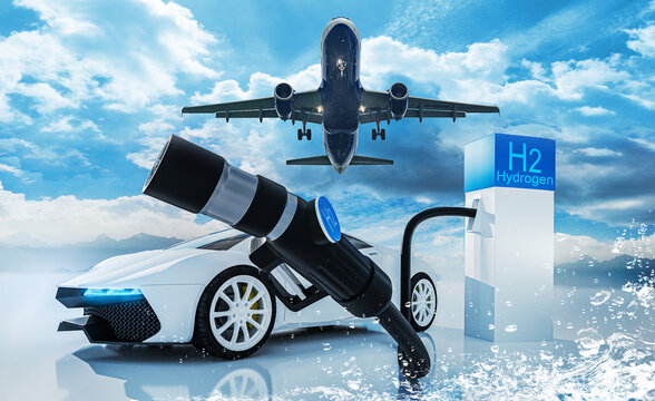 Auto - Flugzeug -  Wasserstofftankstelle -  Betankung von Elektrofahrzeugen 