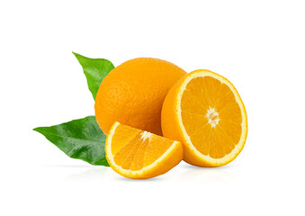 A whole orange, a slice of orange and half an orange with green leaves, isolated on a white background
