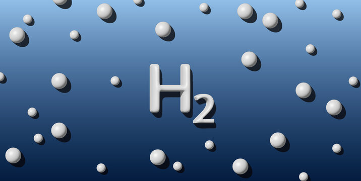 Wasserstoff H2 im Profil mit Schaden und Kugeln/Blasen in blau-weiß