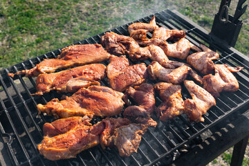 Closeup of cooked pork and chicken meat on a barbeque grill