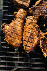Closeup of cooked pork meat on a barbeque grill