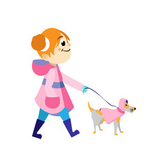 Isolated girl dog kids rain winter weather vector illustarion