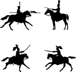 Riders set. Napoleonic Wars. Black vector  silhouettes of soldiers with weapons - obrazy, fototapety, plakaty