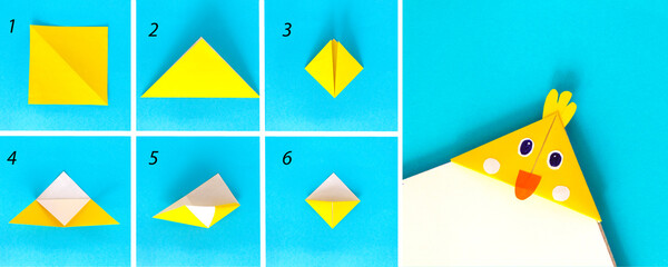 Step by step photo instruction how to make origami paper bookmark chick. Simple diy with kids...