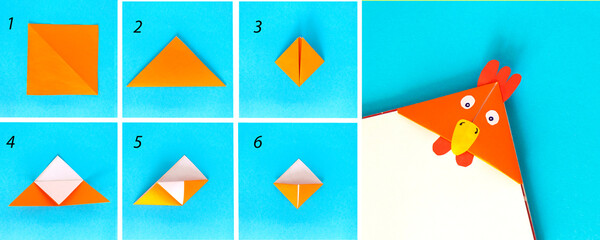 Step by step photo instruction how to make origami paper bookmark chick. Simple diy with kids children's concept.