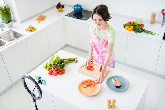 High angle view portrait of beautiful lady vlogger prepare dish paprika slices salmon fish kitchen indoors