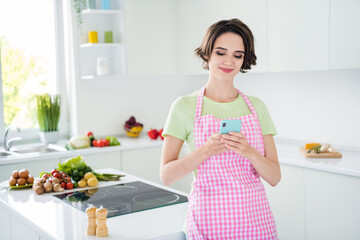 Photo of attractive positive person use telephone chatting typing read recipe app morning kitchen indoors