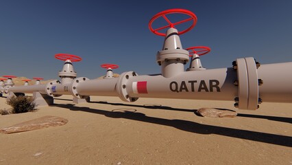  The gas pipeline with flags of Qatar and EU. 3d rendering