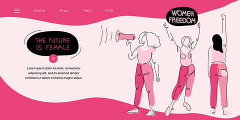 Feminist girl gang landing page with protest sisterhood arm, power fist and quote WOMEN FREEDOM, THE FUTURE IS FEMALE. Vector illustration for International Women day