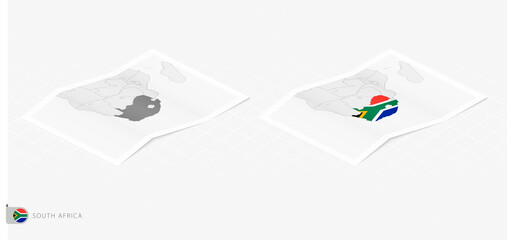 Set of two realistic map of South Africa with shadow. The flag and map of South Africa in isometric style.