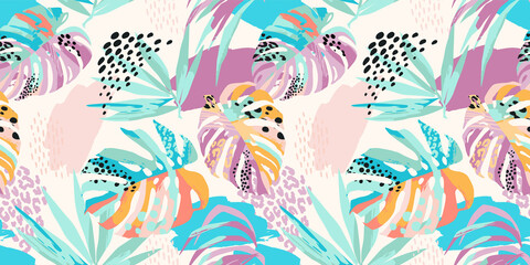 Abstract art seamless pattern with tropical leaves. Modern exotic design - 494087570